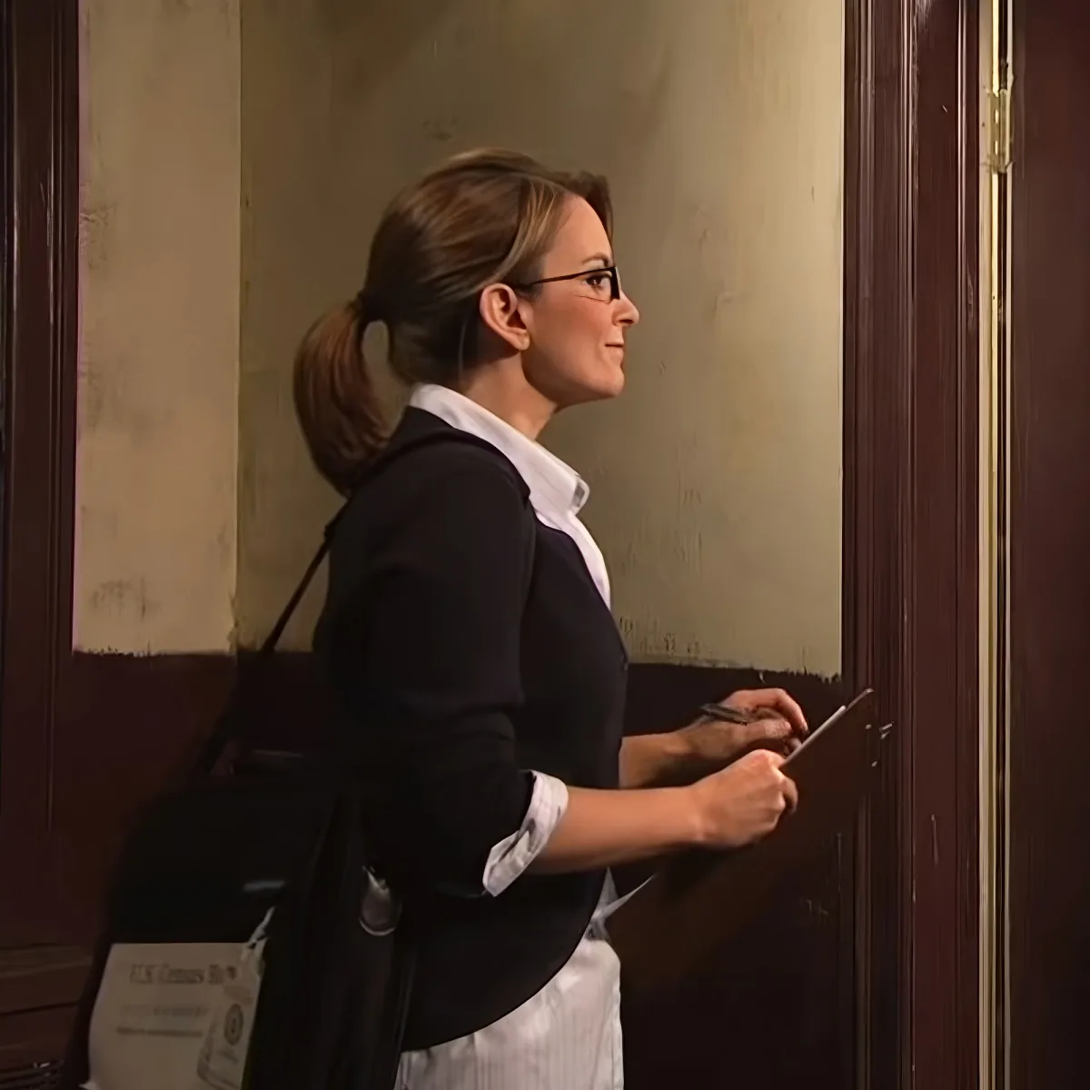 A woman in a black blazer and white shirt holds a phone, looking at a door, with a bag slung over her shoulder.