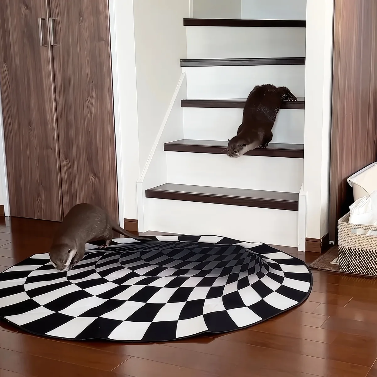 Two otters, one on a checkered rug and the other climbing stairs, in a home setting.