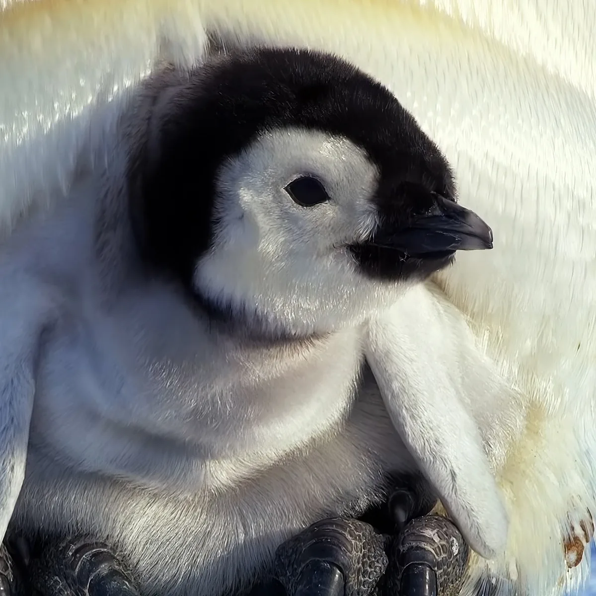 A cute baby penguin with a fluffy white body and black head is lying down, looking adorable.