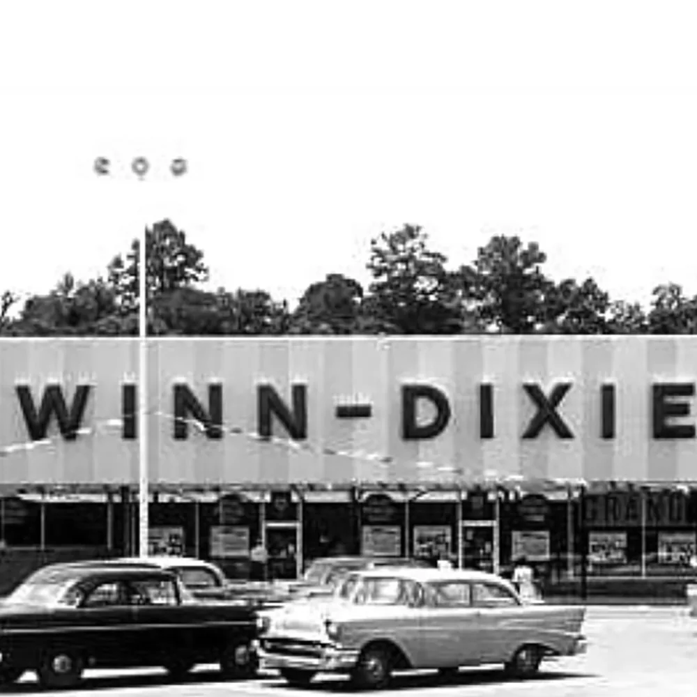 A vintage Winn-Dixie store with classic cars parked in front, set against a backdrop of trees.