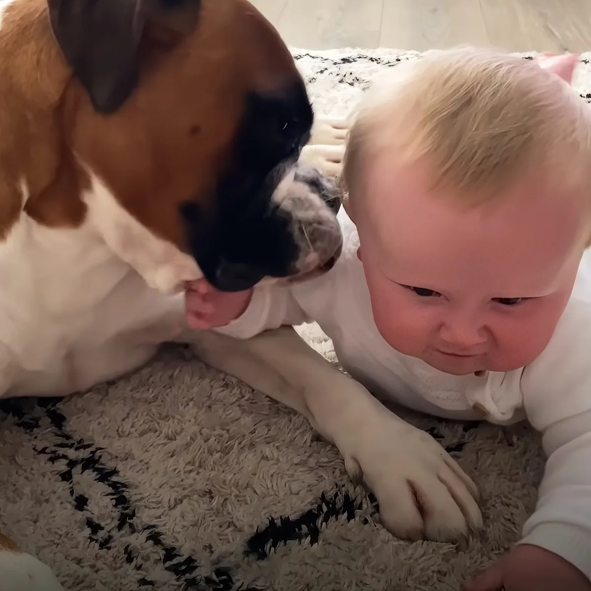 Boxer dog and baby