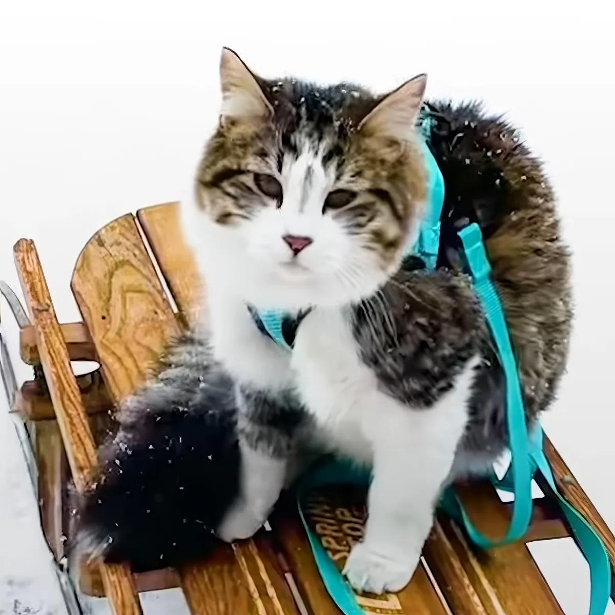 A cat wearing a teal harness and fur-lined hood sits on a wooden sled in the snow.