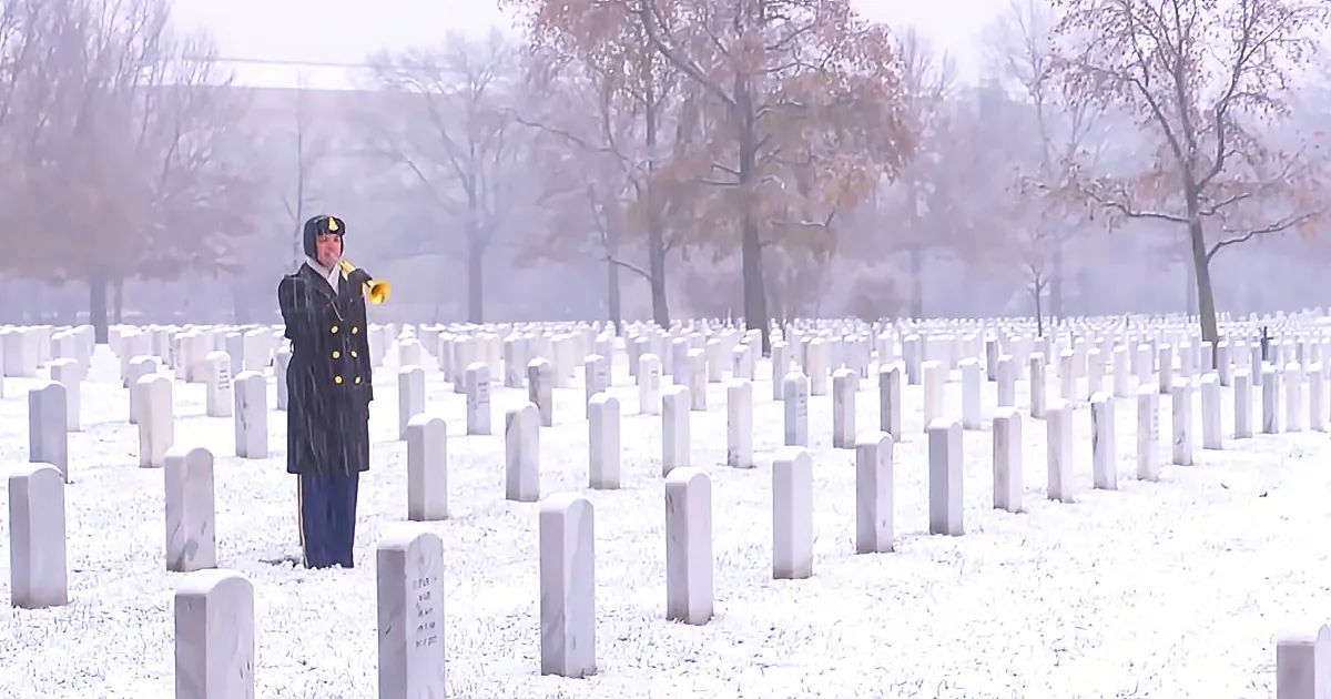 U.S. Army Bugler Performs 'Taps' at Arlington Cemetery in the Snow