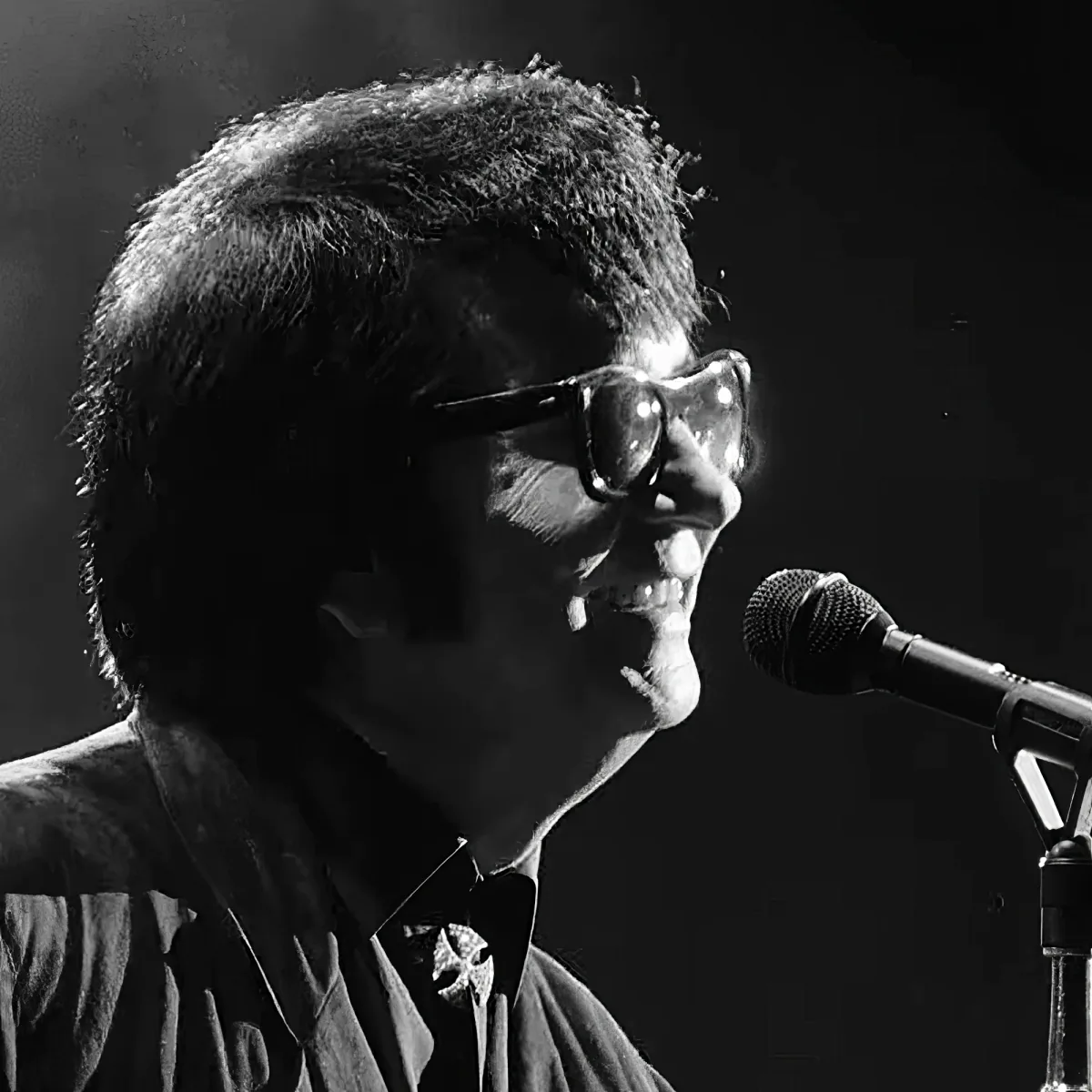 A person wearing sunglasses and a bow tie sings into a microphone on stage.