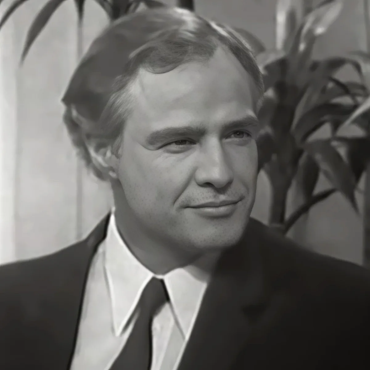 A man in a suit and tie smiles slightly, with a plant in the background.