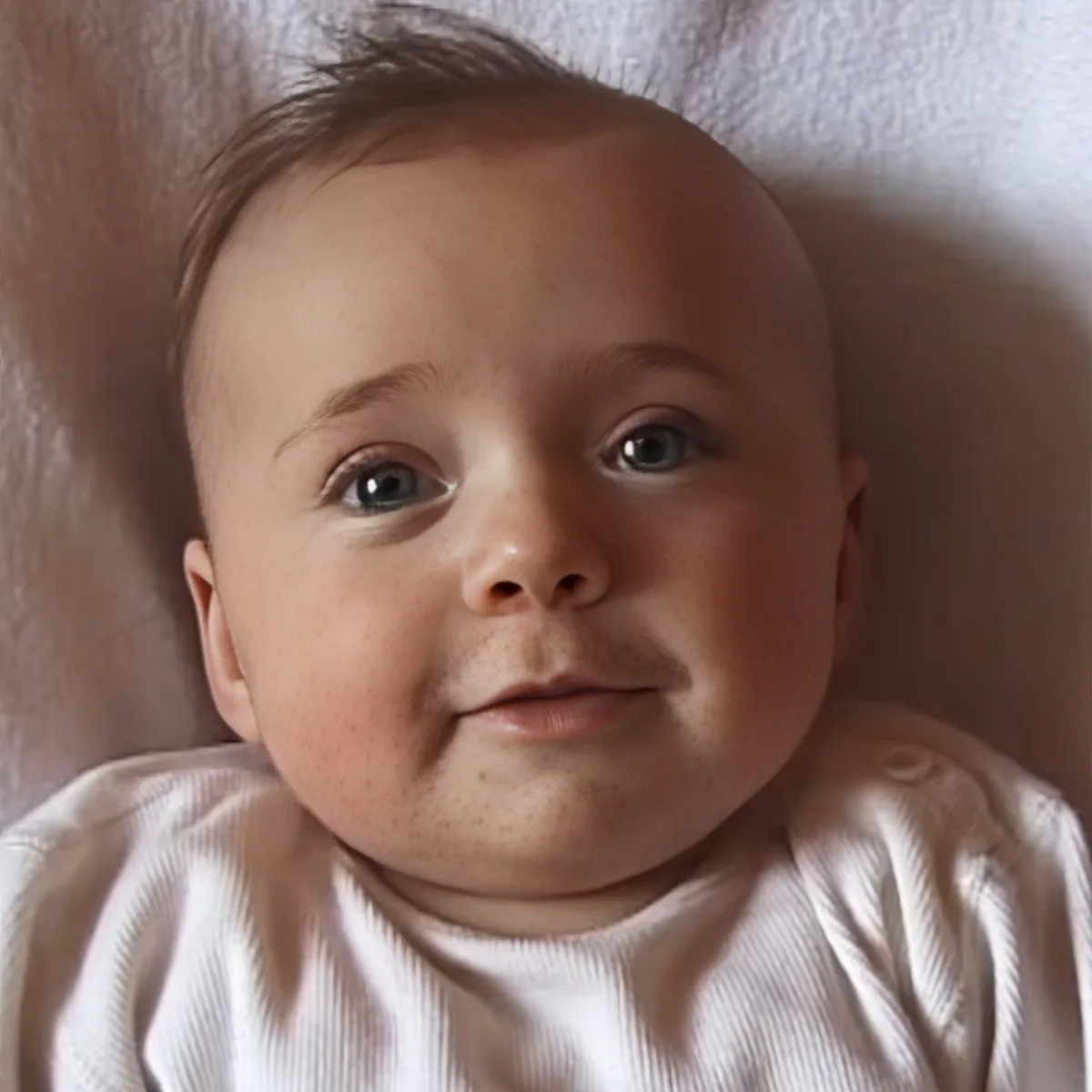 A baby with light skin and blue eyes, wearing a white outfit, is lying down.