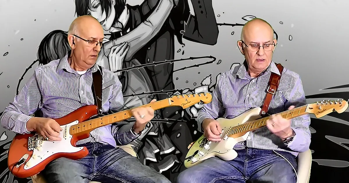 Two identical men in striped shirts play guitars against a stylized black-and-white background.