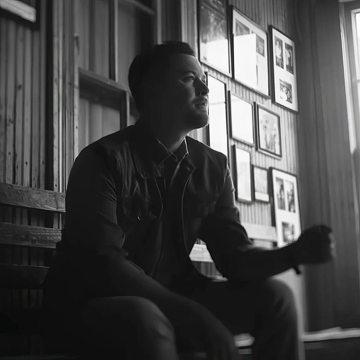 A man in a denim jacket sits thoughtfully in a rustic room with wooden walls and framed pictures.