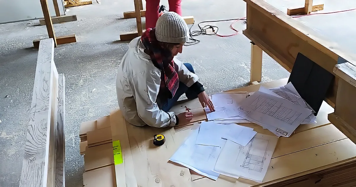 A person in a beanie and scarf is sketching on paper while surrounded by wood and tools in a workshop.