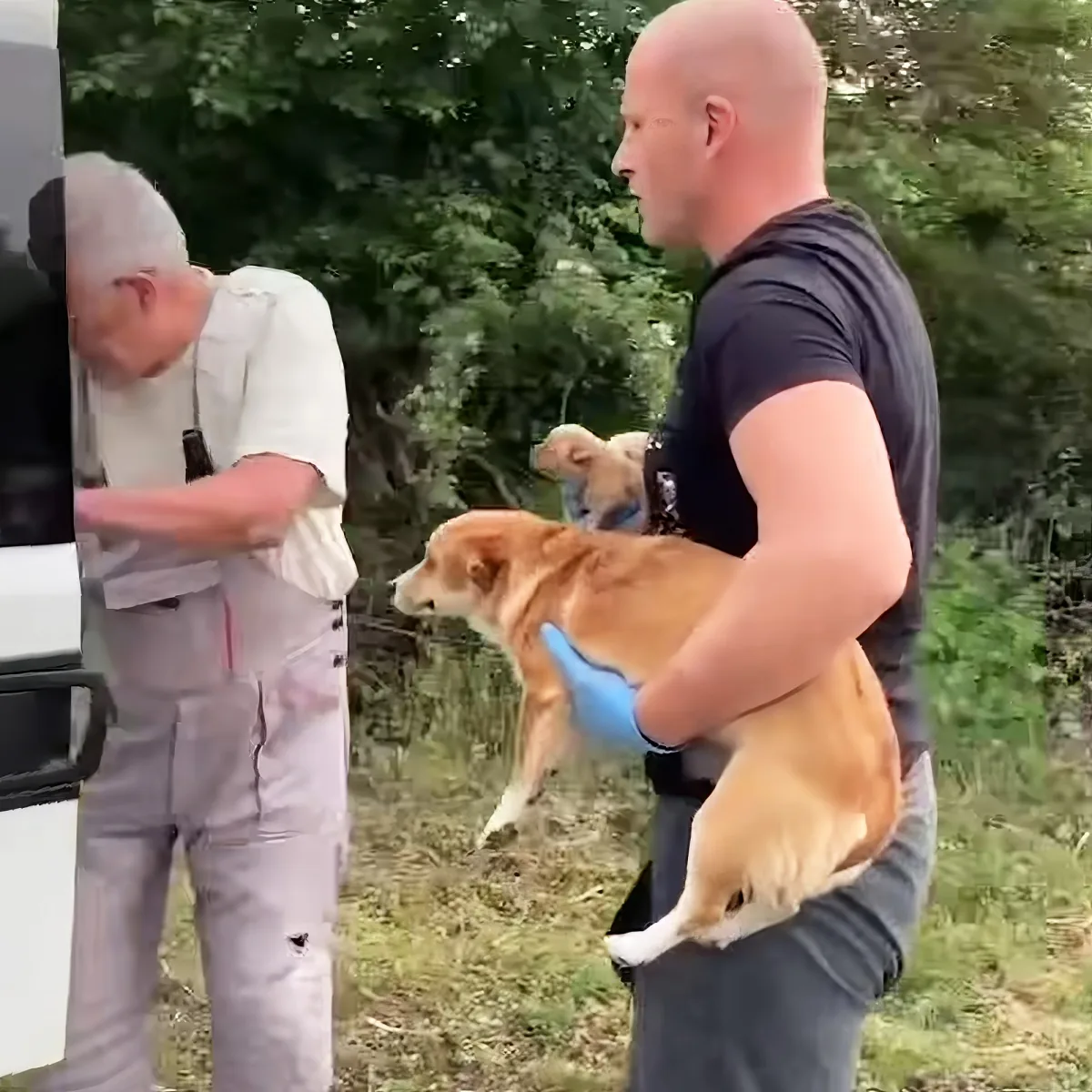 A man in a black shirt holds a light brown dog while another person in a white shirt leans against a vehicle.