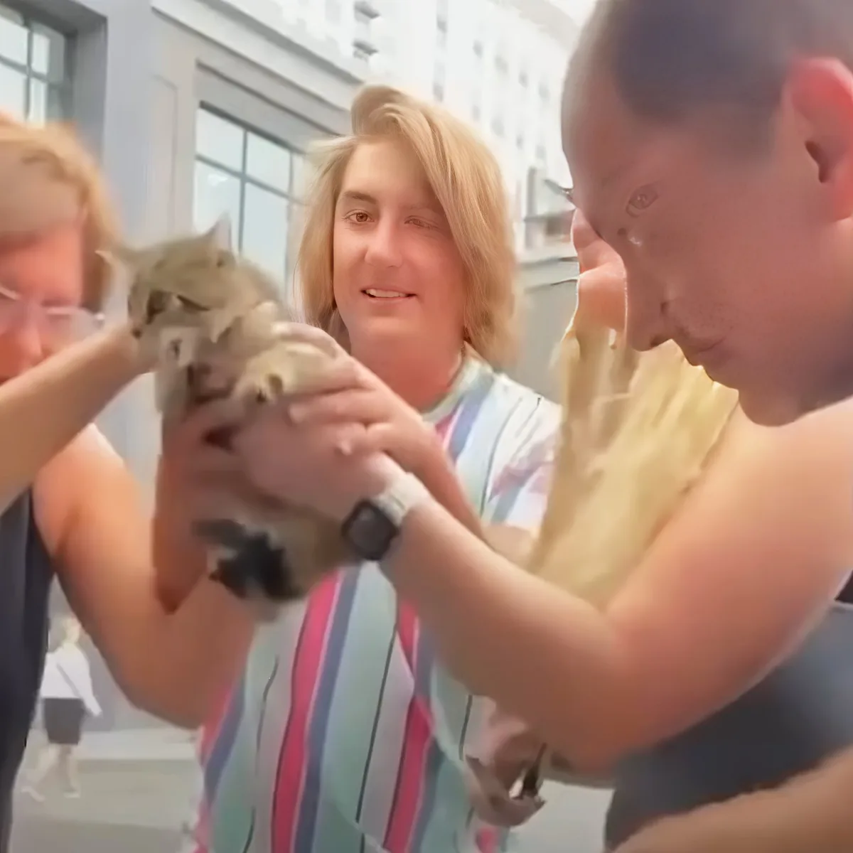 A person holds a cat while another person assists, with a third person in the background.