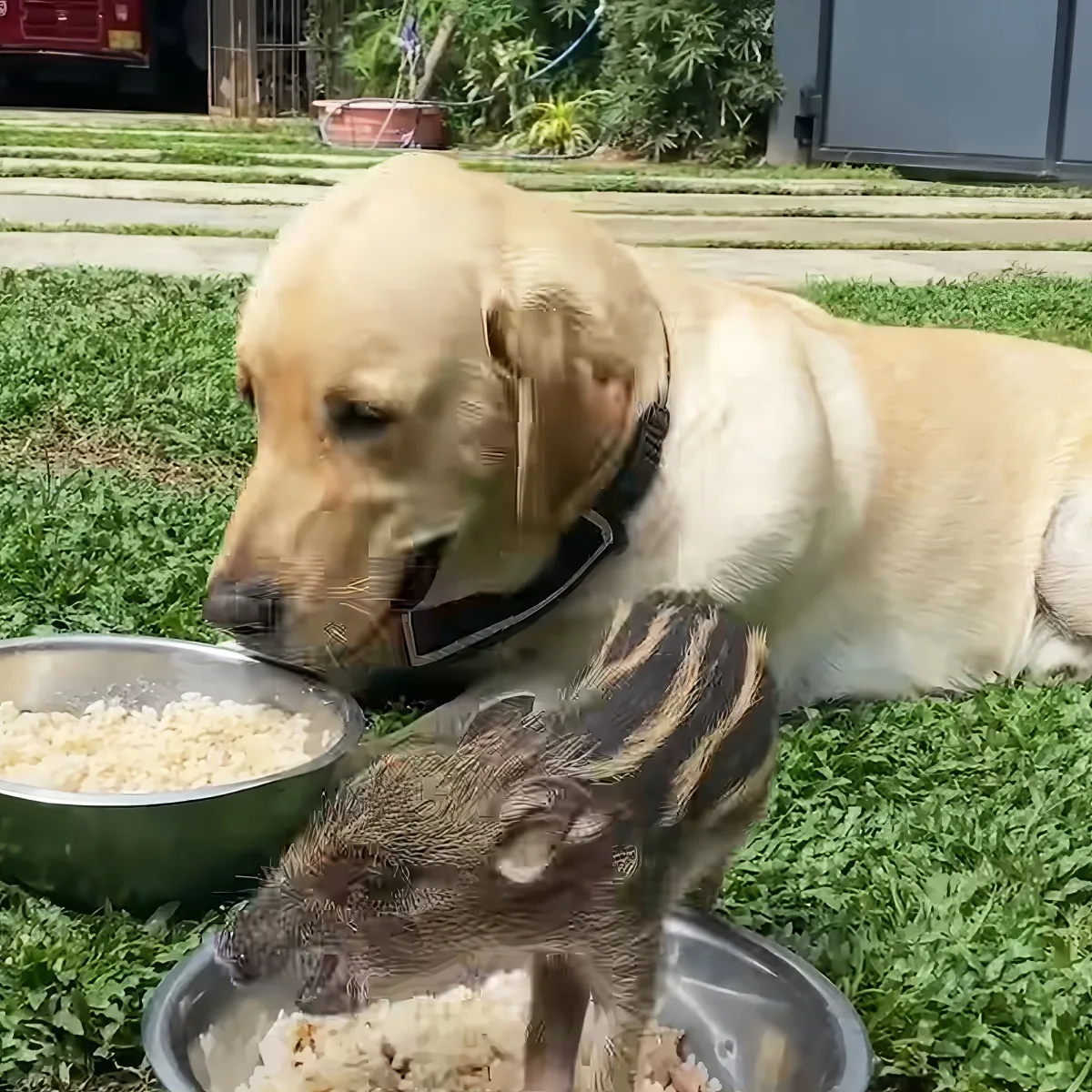 Wild boar and giant Labrador