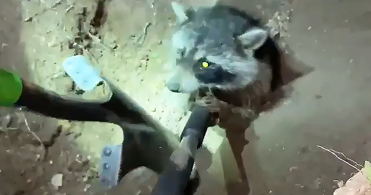 A raccoon with glowing eyes stands near a tree, surrounded by debris and a green object.