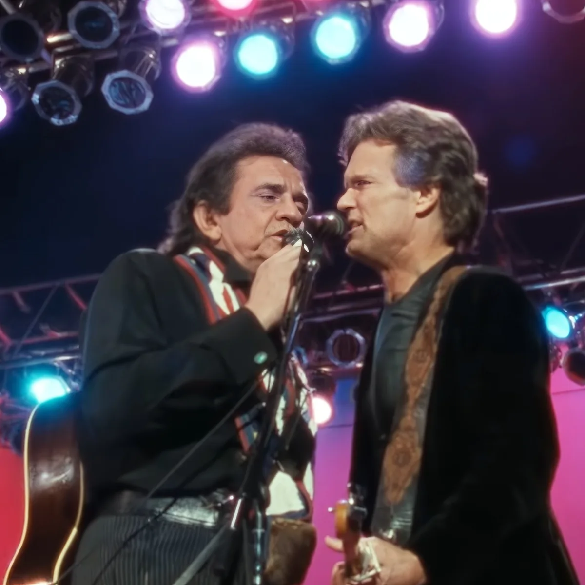 Two musicians perform on stage with colorful lights and microphones.