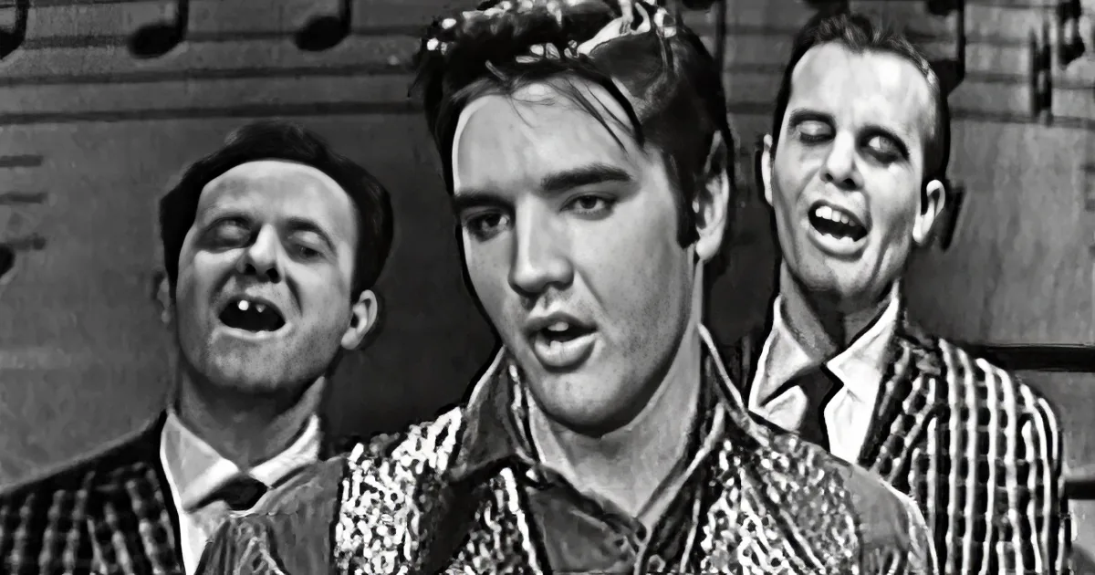 Elvis Presley in a vibrant, patterned shirt sings passionately, flanked by two other men in suits.