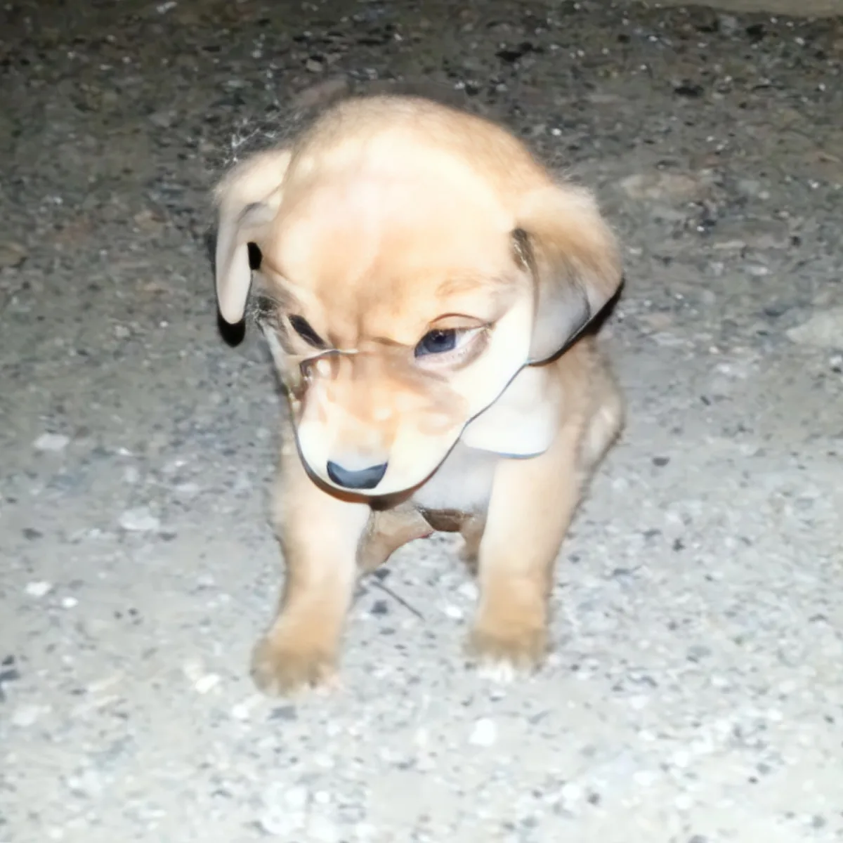 A small, light brown puppy with floppy ears stands on a rough, gravelly surface.