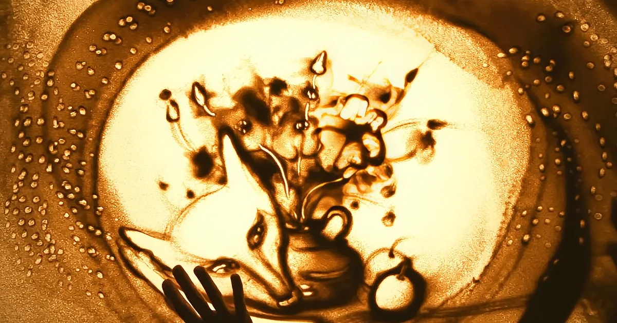 A sand painting depicts a vase with flowers, surrounded by a hand and circular patterns.