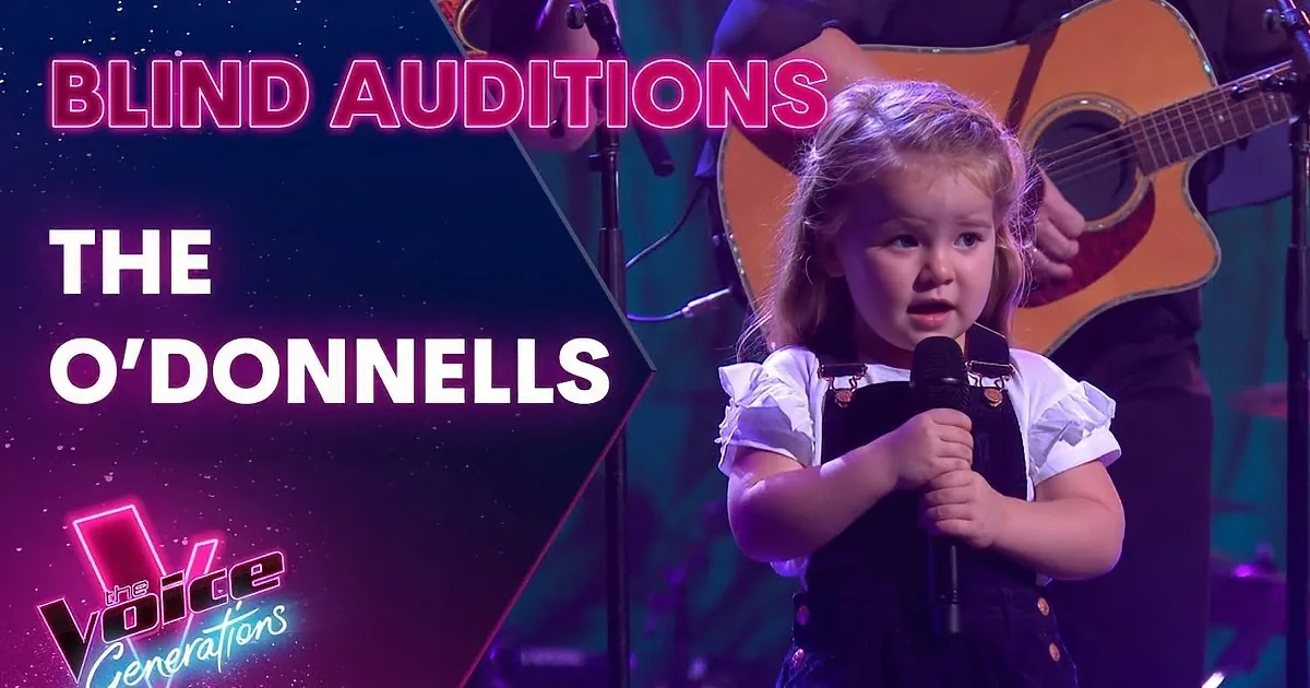 A family of seven performs on stage with microphones and instruments, creating a harmonious musical scene.