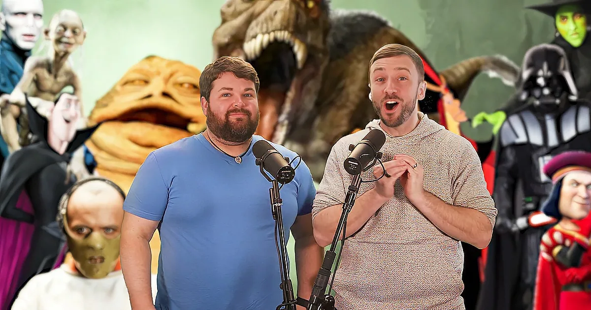 Two men with microphones, one surprised, in front of a backdrop of various movie characters.