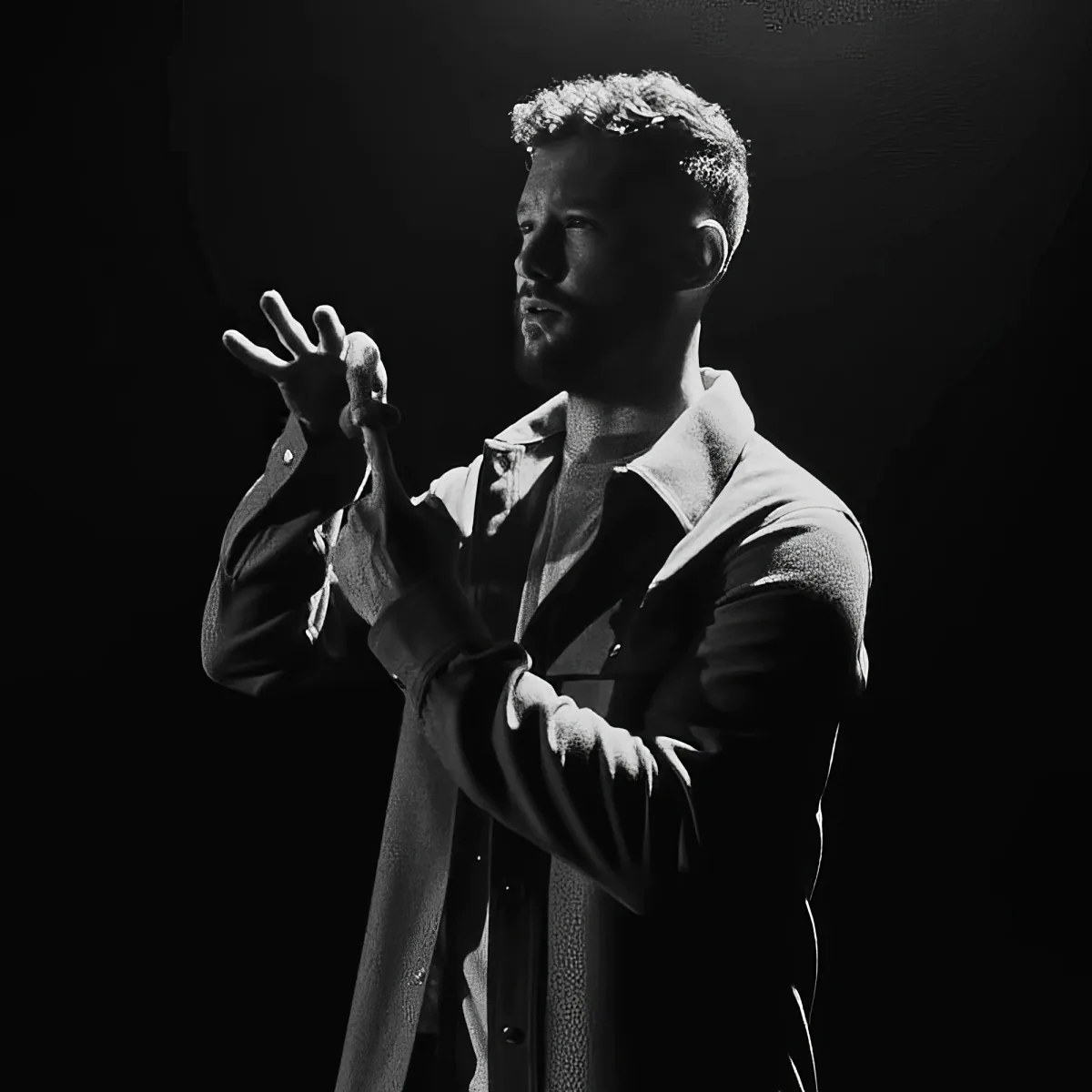 A man with curly hair and a beard, wearing a jacket, stands with hands raised, possibly singing or speaking.