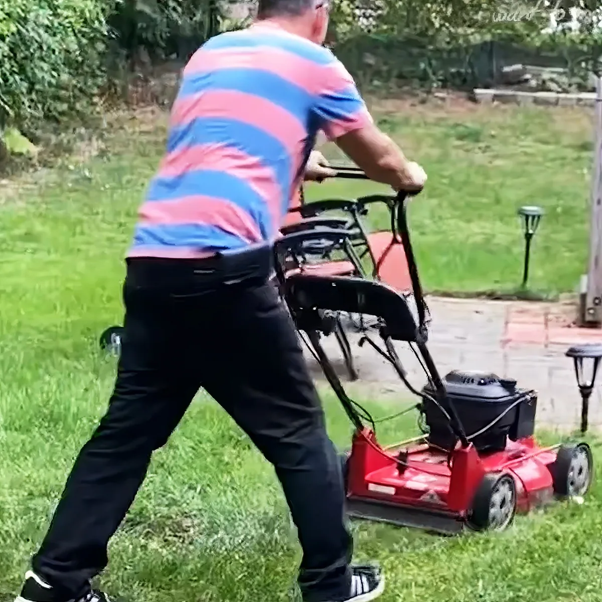 A man in a striped shirt mows a lawn with a red lawnmower.