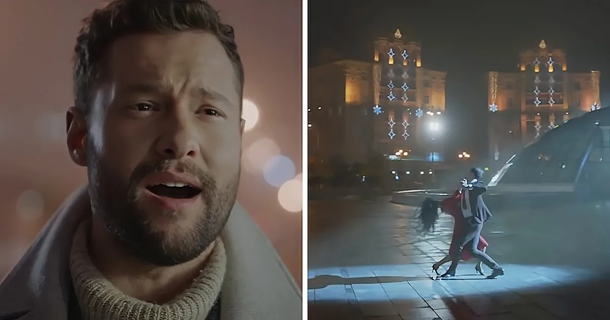 A man with a beard sings passionately, while a couple dances under festive lights in a grand, illuminated building.