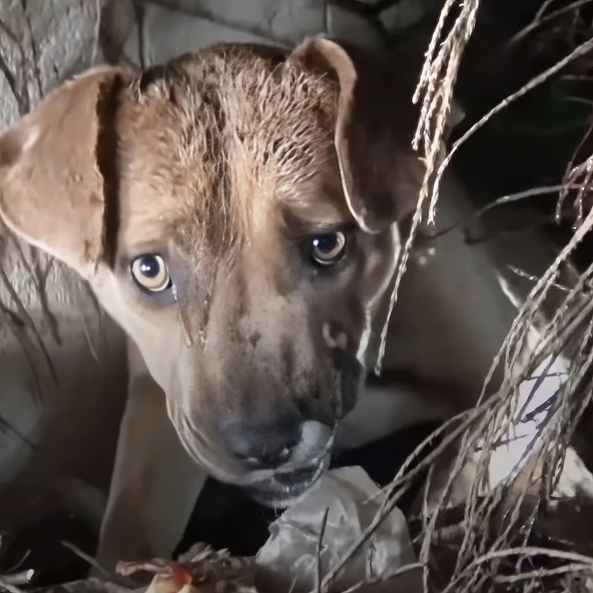 A wet, brown dog with a sad expression looks directly at the camera amidst some twigs and debris.
