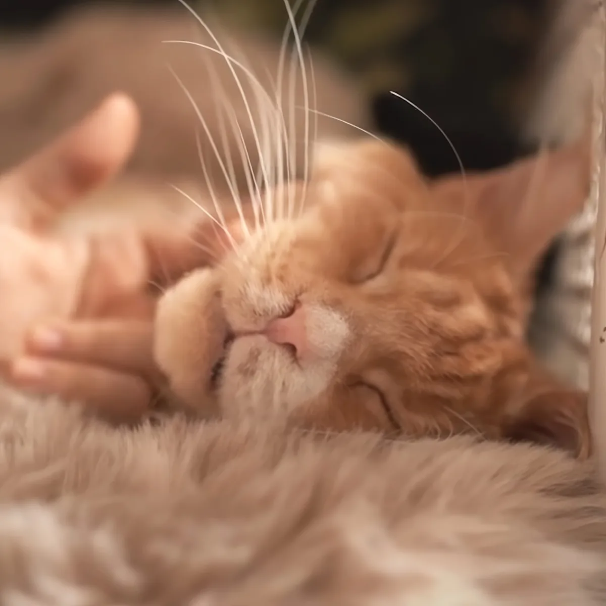 A fluffy orange cat with closed eyes and long whiskers is being petted gently.