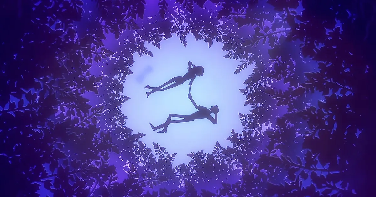 Two silhouetted figures hold hands, floating amidst a dense canopy of leaves against a glowing, ethereal light.