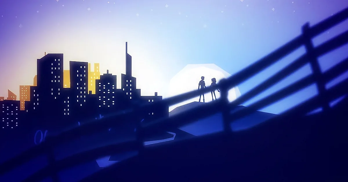 Two silhouetted figures stand on a bridge, gazing at a city skyline under a glowing moon.