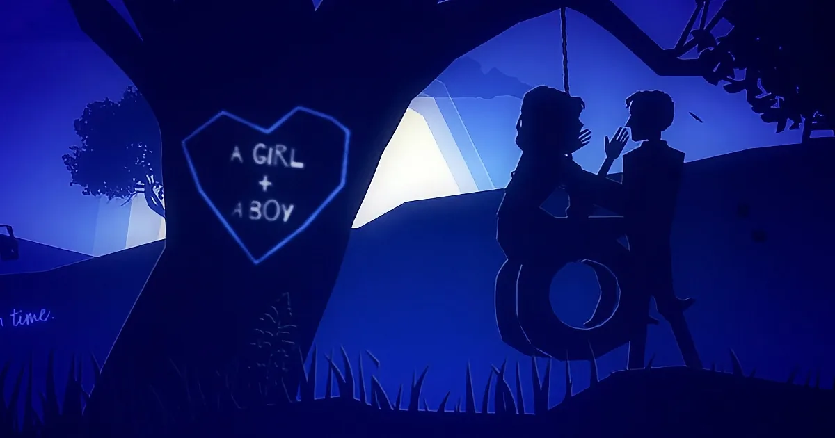Two silhouetted figures on a tire swing under a heart-shaped sign saying "A Girl + A Boy."