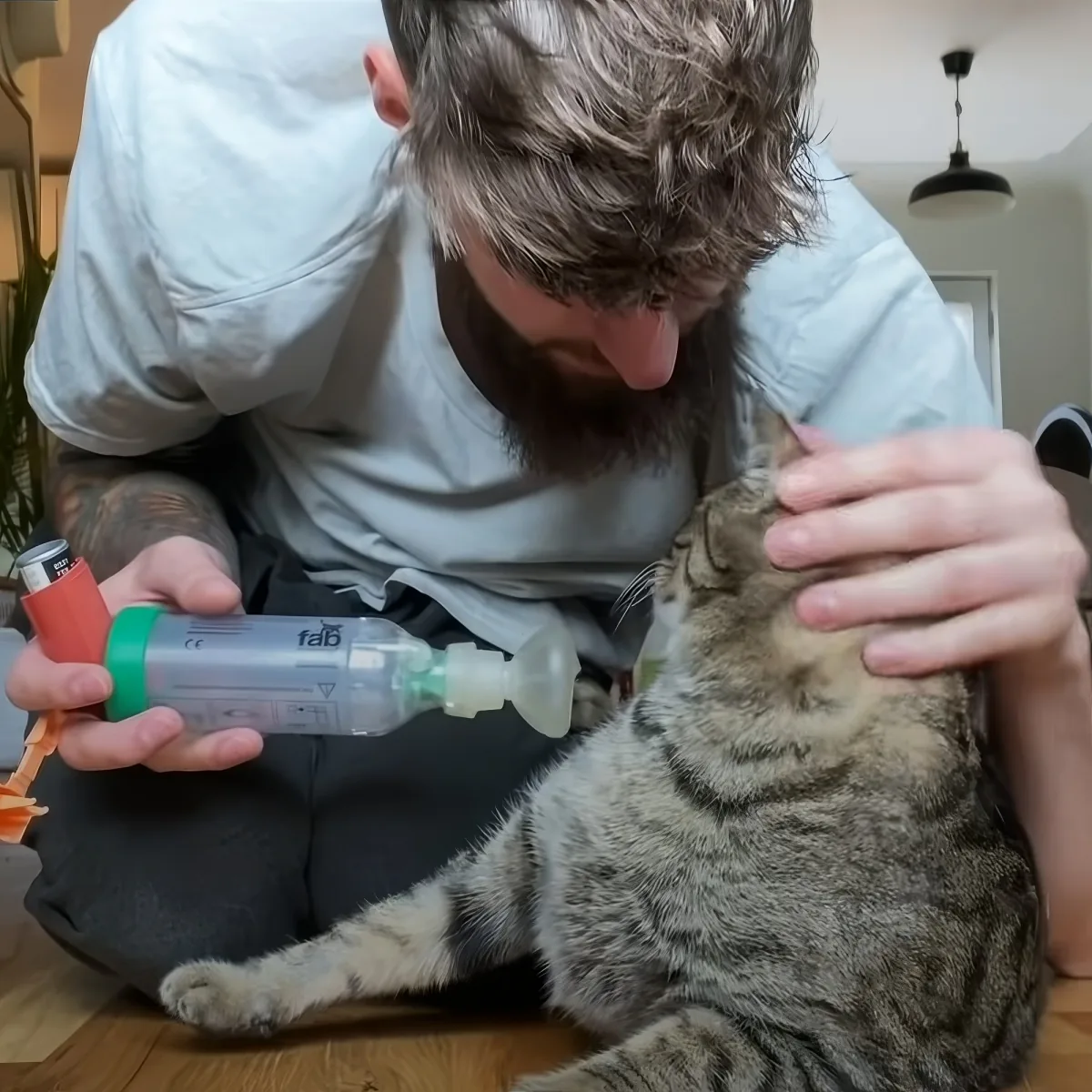 A man is holding a cat and a nebulizer, possibly administering medication.