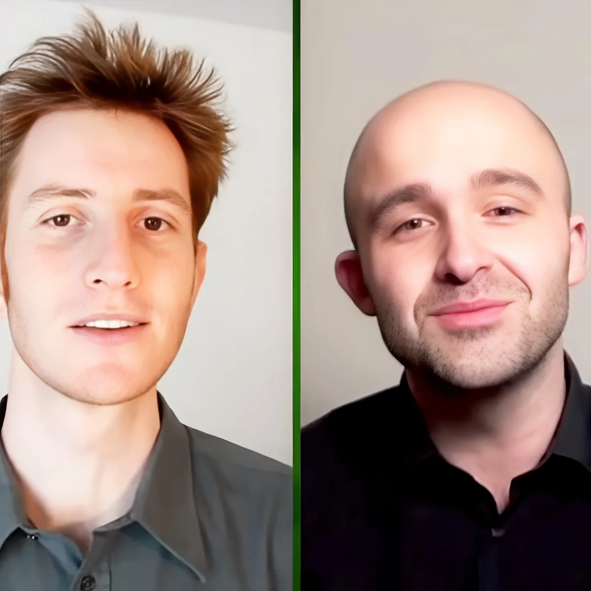 Two men, one with spiky hair and the other bald, both smiling, wearing collared shirts.