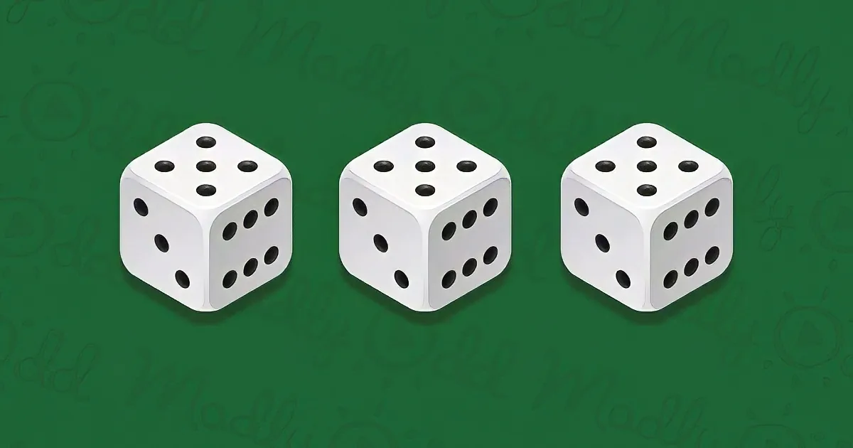Three white dice with black dots on a green background with faint text.