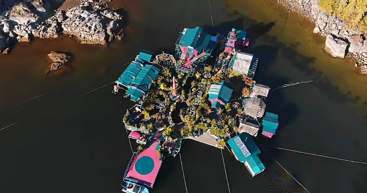 Aerial view of a vibrant, colorful floating village surrounded by water and rocks.