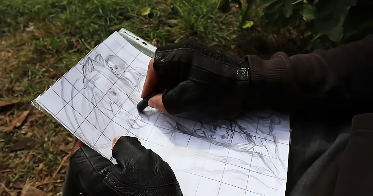 A person in black gloves draws a detailed sketch on a grid paper outdoors.