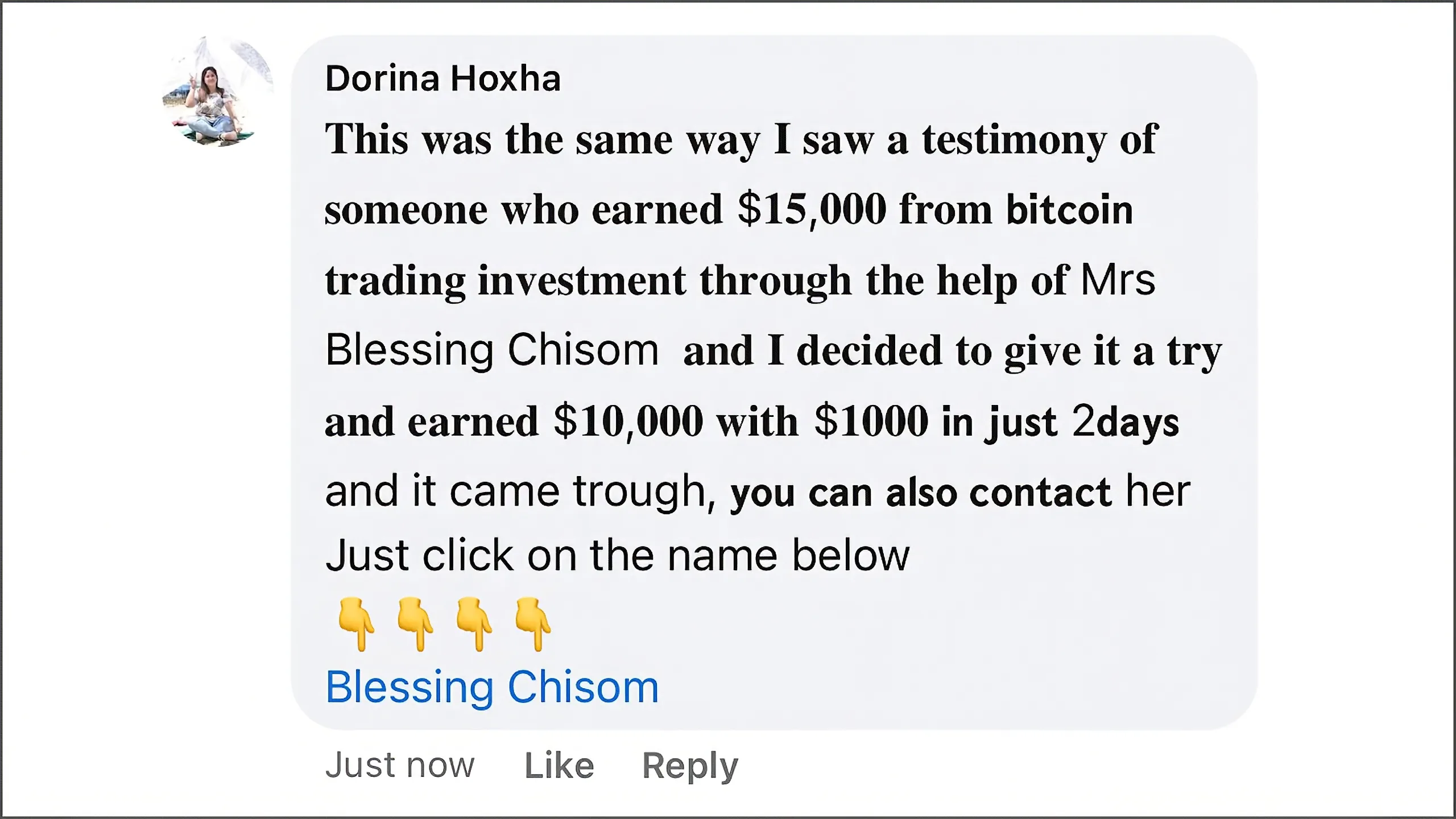 Dorina Hoxha shares a testimonial about earning $10,000 from a Bitcoin trading investment with Mrs. Blessing Chisom in...