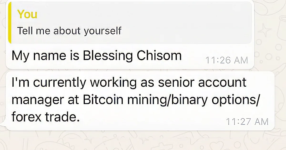 A text message exchange where Blessing Chisom introduces herself as a senior account manager at Bitcoin mining, binary...