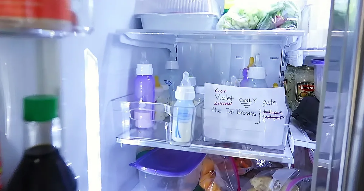 A refrigerator shelf holds baby bottles, a note, and various food items.