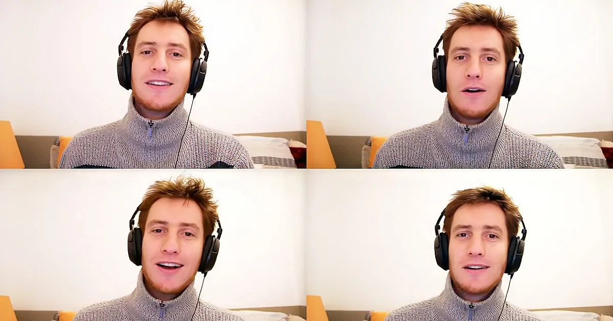 A man with headphones, wearing a grey sweater, appears in four different expressions in a grid layout.