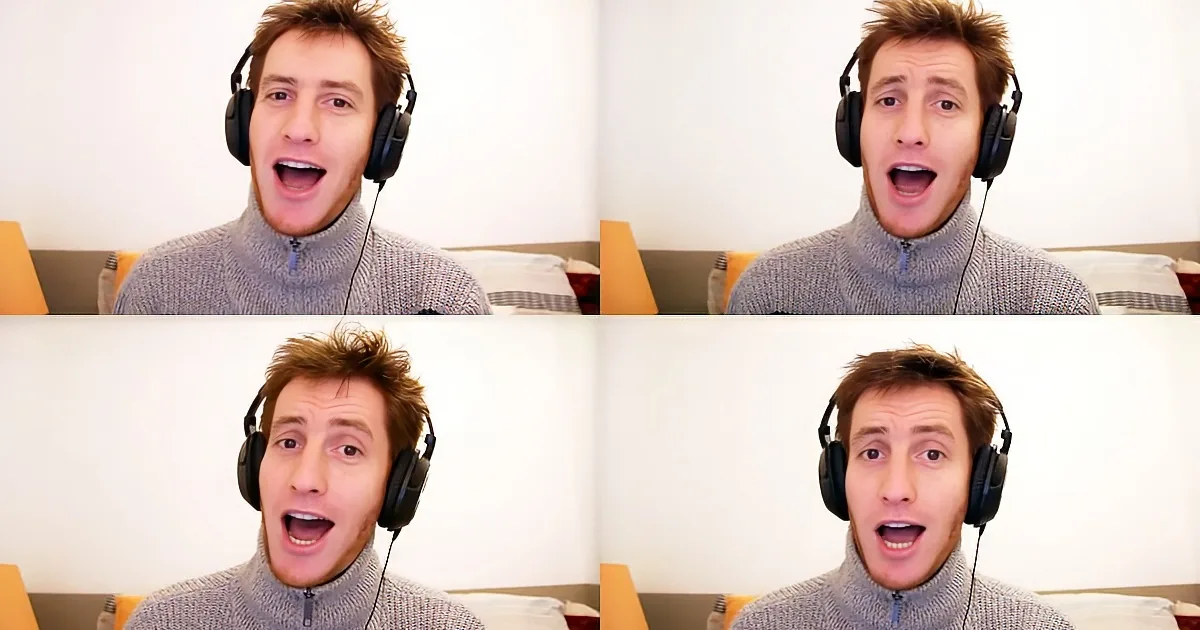 A person wearing headphones and a gray sweater is shown in four different expressions.