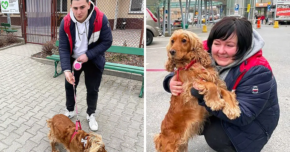 A man holds a leash while a woman holds a small brown dog in an outdoor setting.