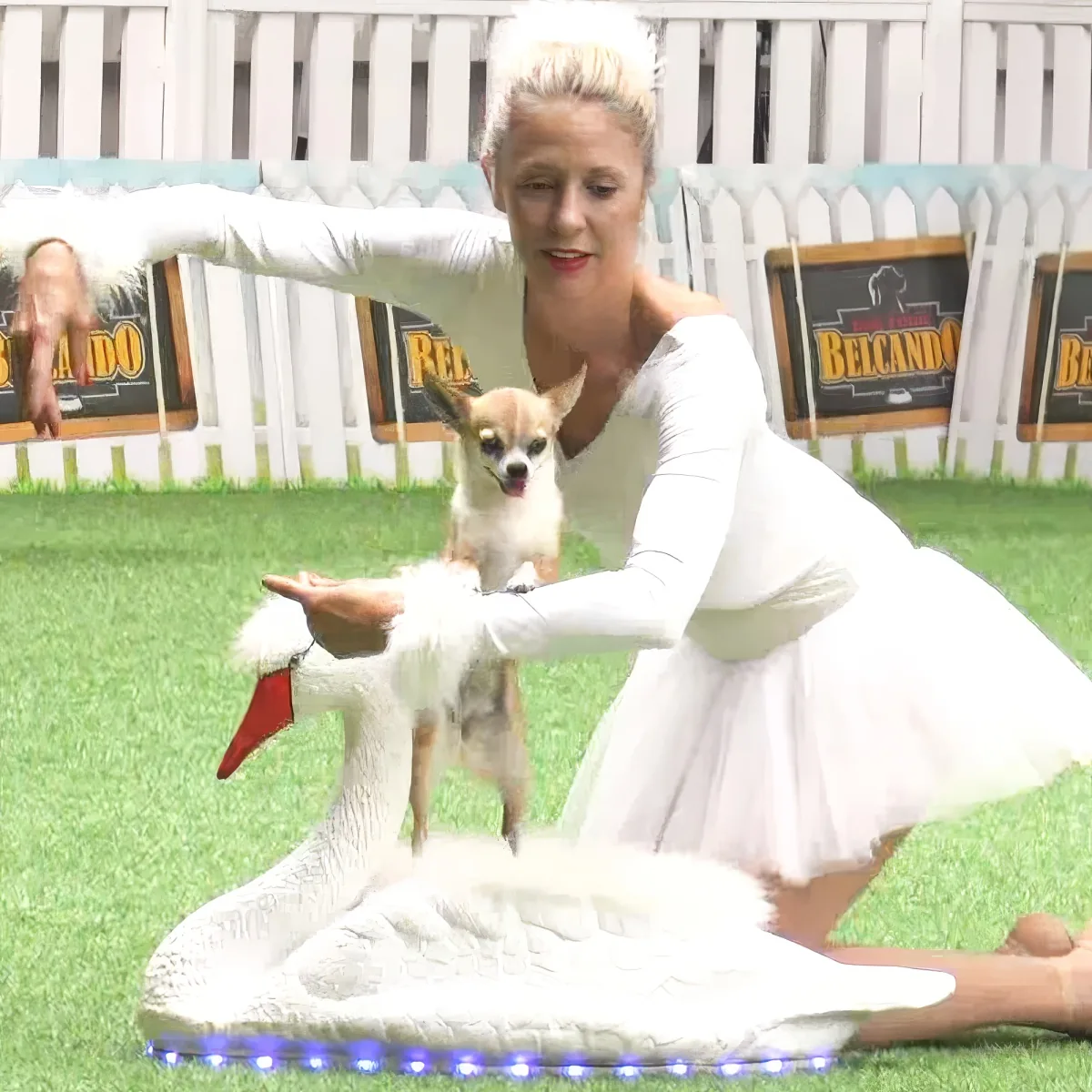 A woman in a white tutu balances on a hoverboard with a small dog on her lap.