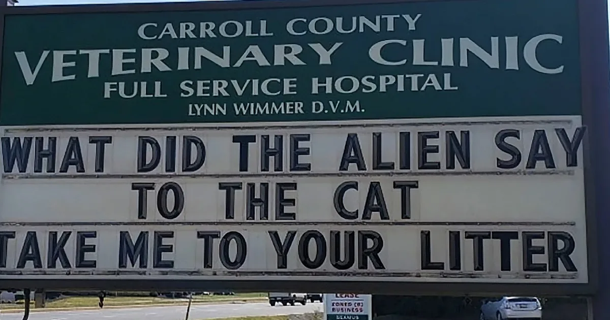 A veterinary clinic sign humorously jokes about aliens and cats.