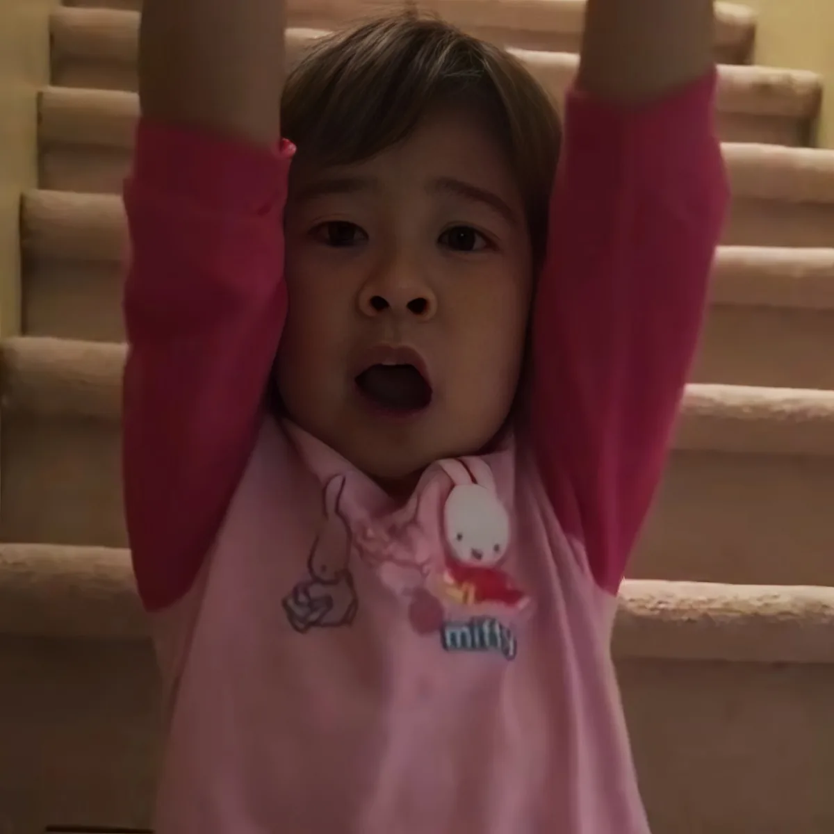 A child in a pink shirt with a bunny design raises their arms in the air.