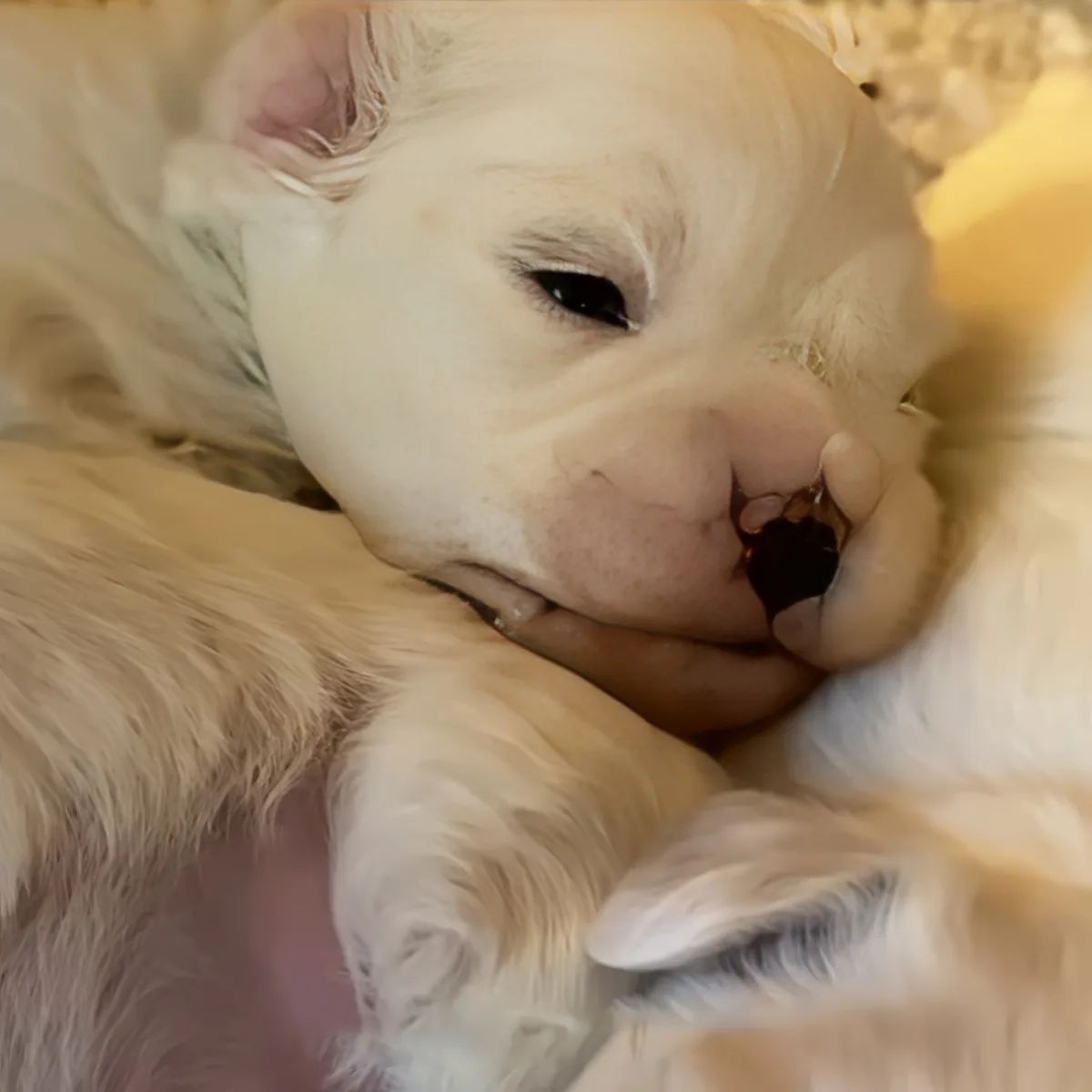 A fluffy white puppy with a relaxed expression, lying on a soft surface.