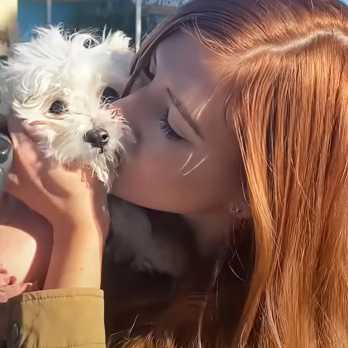 A woman with long red hair kisses a small white dog with fluffy fur.