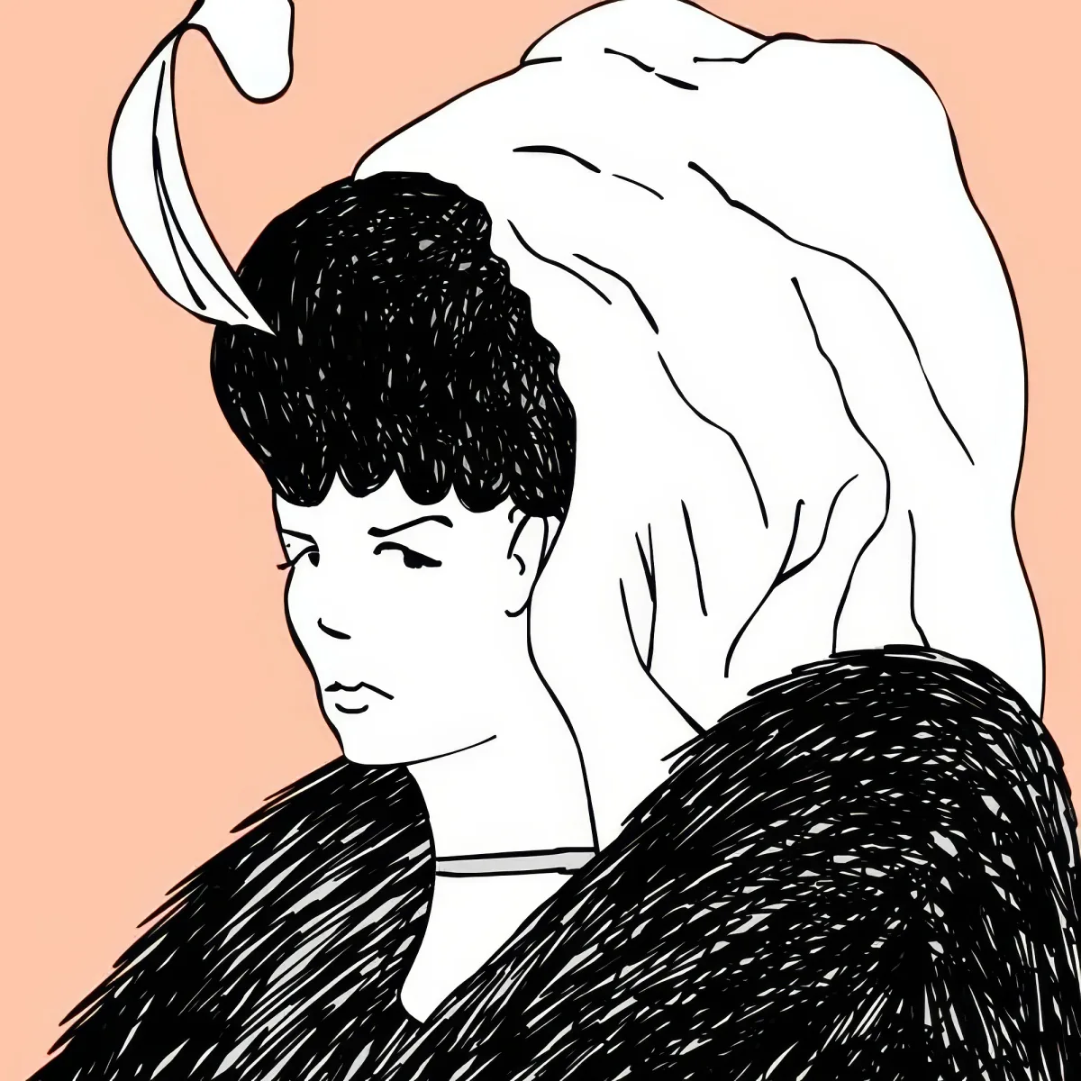 A person with a bun hairstyle and a white cat on their shoulder, both against a peach background.