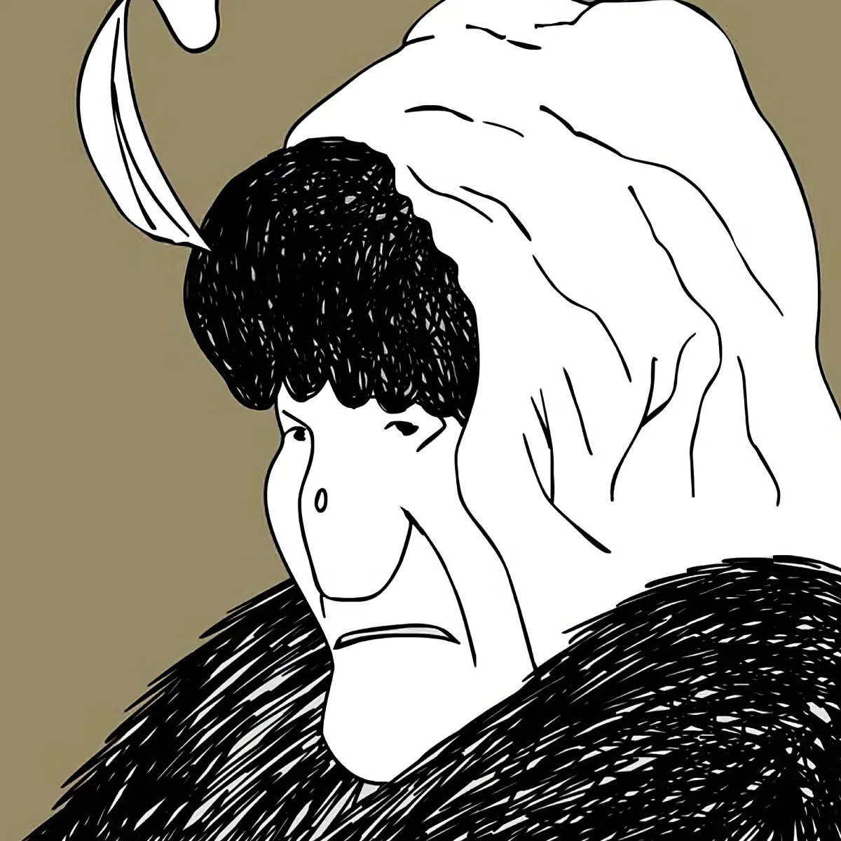 A person with a fur collar and a white shirt, looking down with a sad expression.