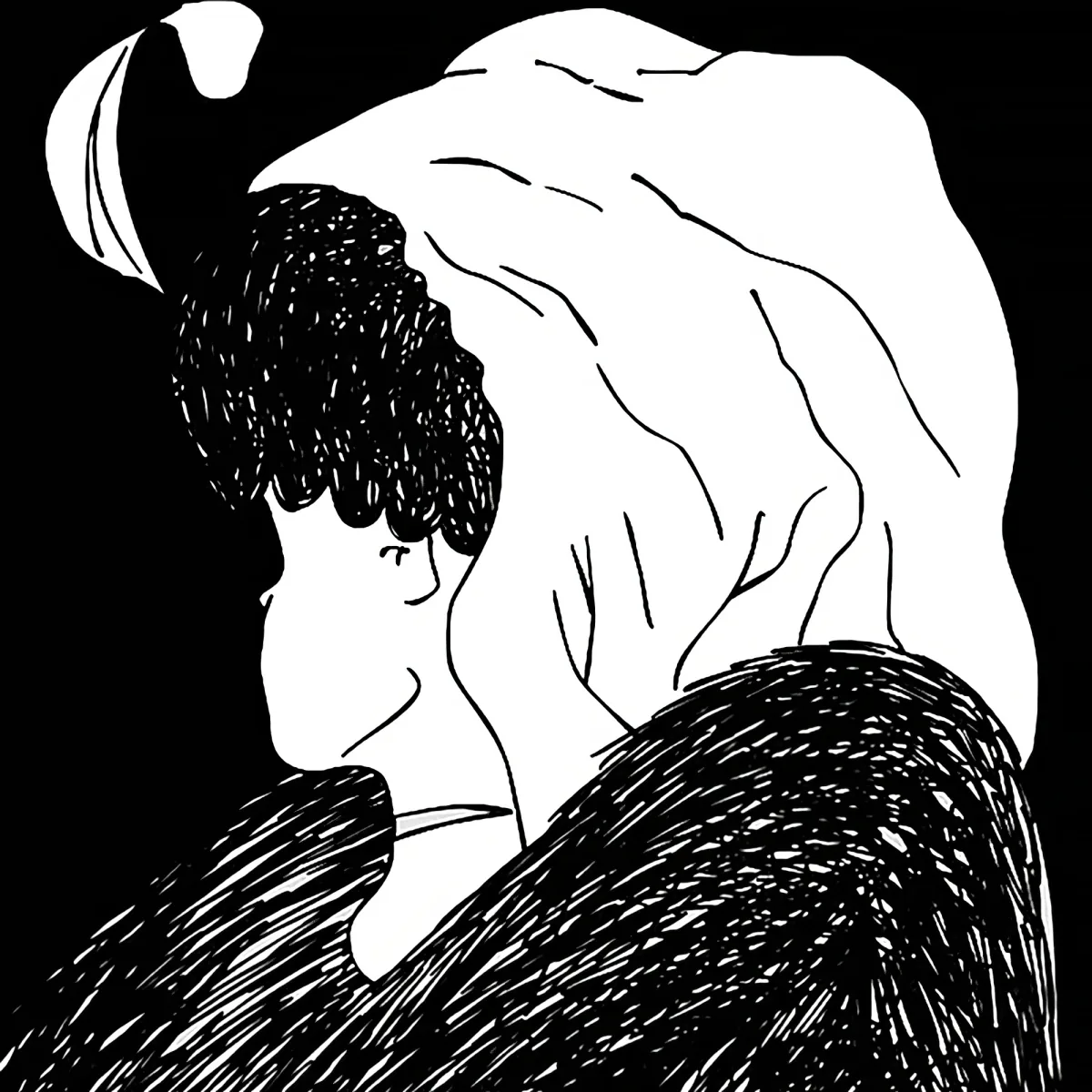 A person with a hat and a large, shadowy figure looming over them in a dark setting.